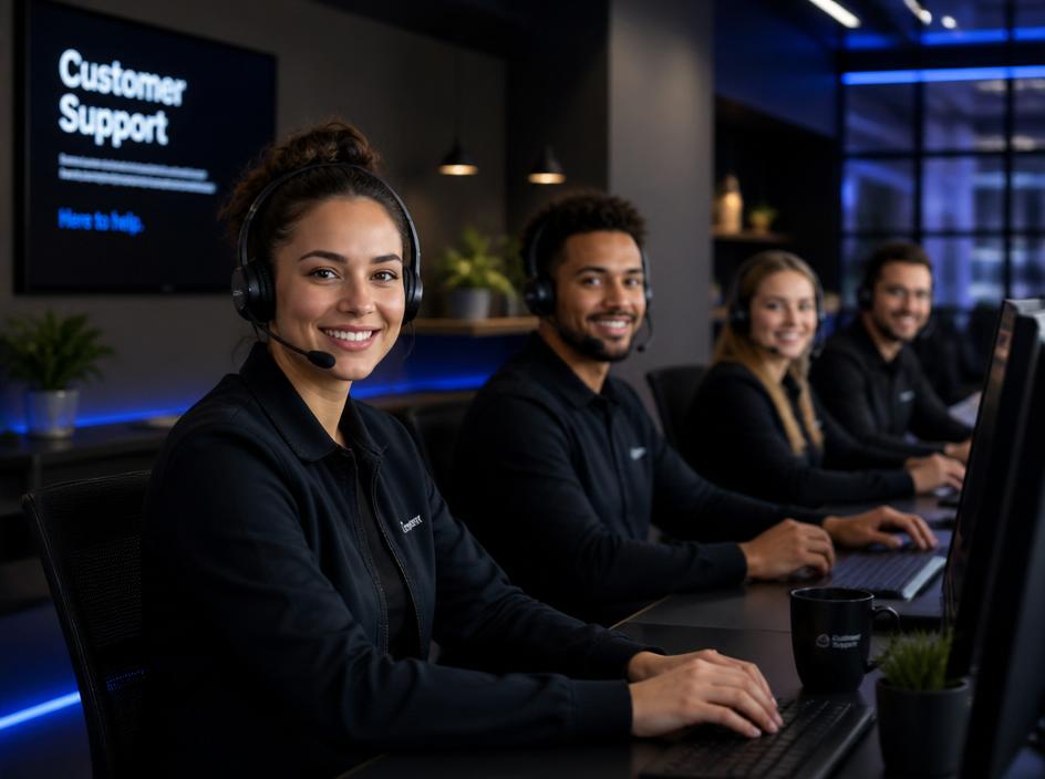 Friendly customer support team in a modern office